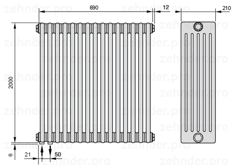 Схема (чертеж) Радиатор Zehnder Charleston 6200/15 №3370 Белый глянцевый RAL 9016